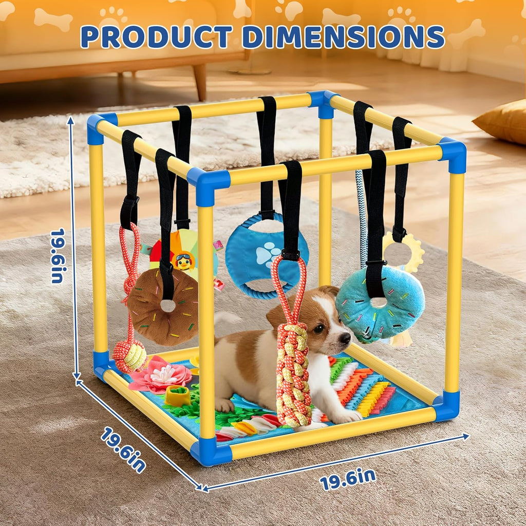 Puppy Play Gym & 8 Toys (Blue,19.6″ x 19.6″ x 19.6″‌) with Snuffle Mat