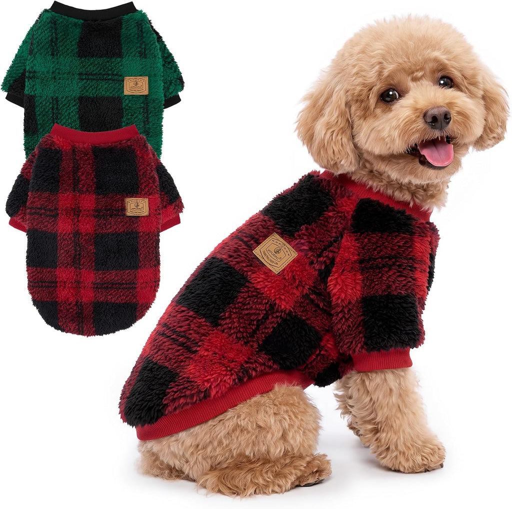 XPUDAC 2 Pack Dog Sweater for Small Medium Dogs Fleece Dog Sweaters Plaid Winter Warm Soft Doggie Sweaters Pullover Design for Chihuahua Yorkie Boy Girl Pet Clothes Outfits M