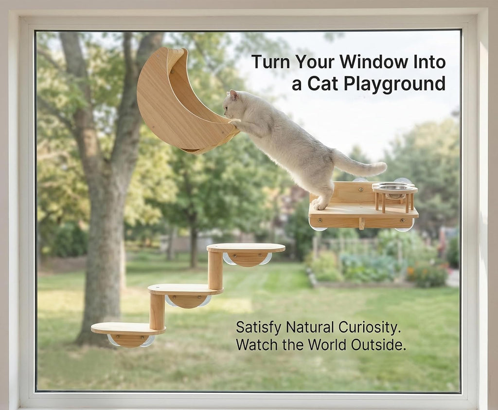 Cat Window Ladder, 3-Level Solid Pine Steps for Climbing and Bird Watching