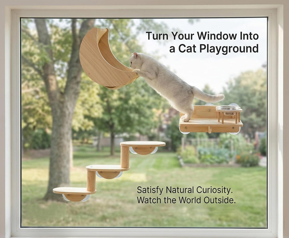 Cat Window Ladder, 3-Level Solid Pine Steps for Climbing and Bird Watching