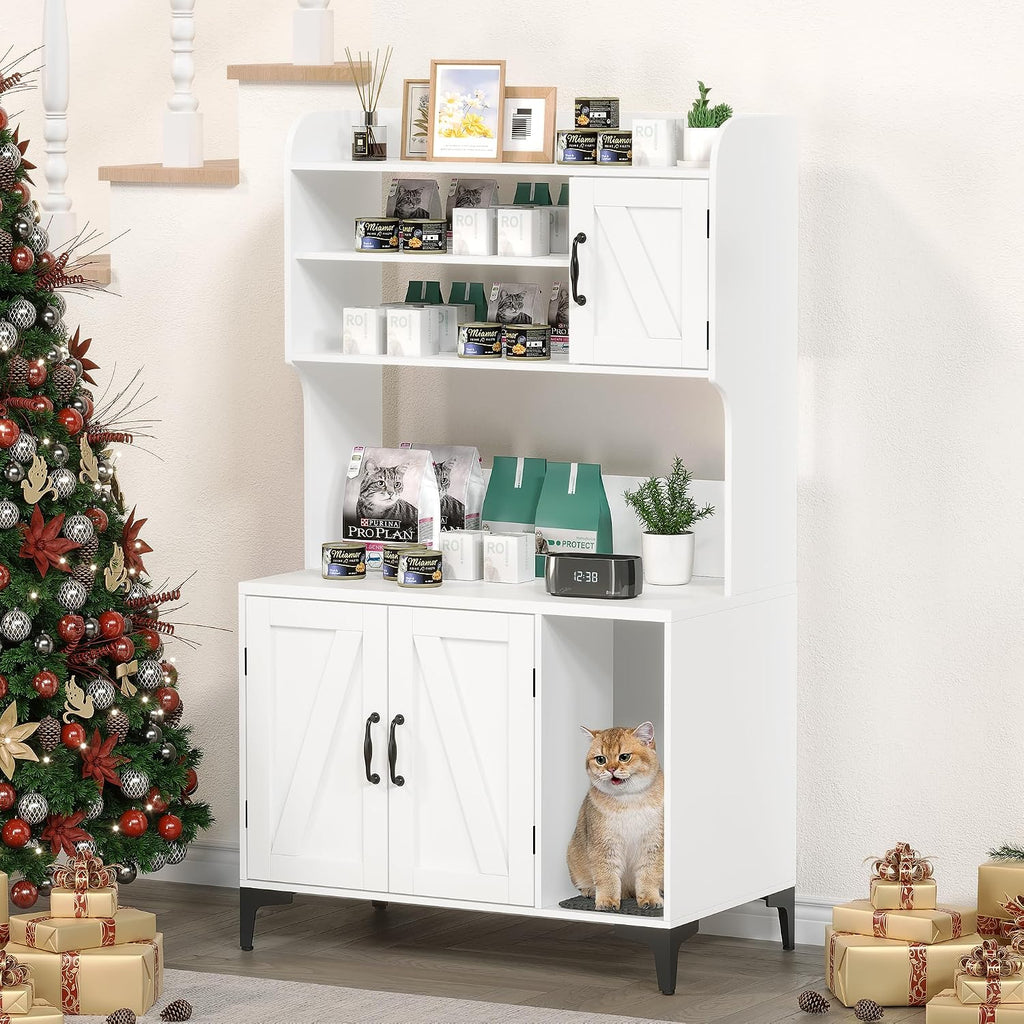 Tall Hidden Cat Litter Box Enclosure Cabinet - 4-Tier Storage Shelves, 2-Door Wood Cat Washroom Furniture, Indoor Cat House - White, with Cat Litter Mat