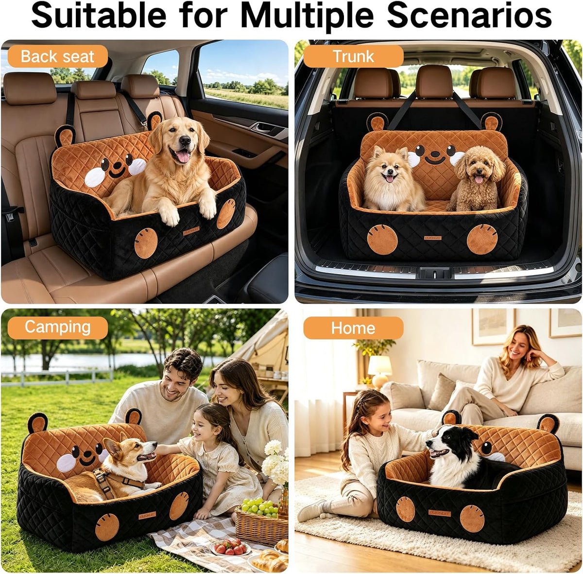 Large Dog Car Seat for Dogs up to 55 lbs or 2 Small Dogs, High-Density Foam Pet Travel Bed with Ultra-Soft Plush, Detachable Washable Cover, 2 Safety Leashes, Storage Pockets, Back Seat Use