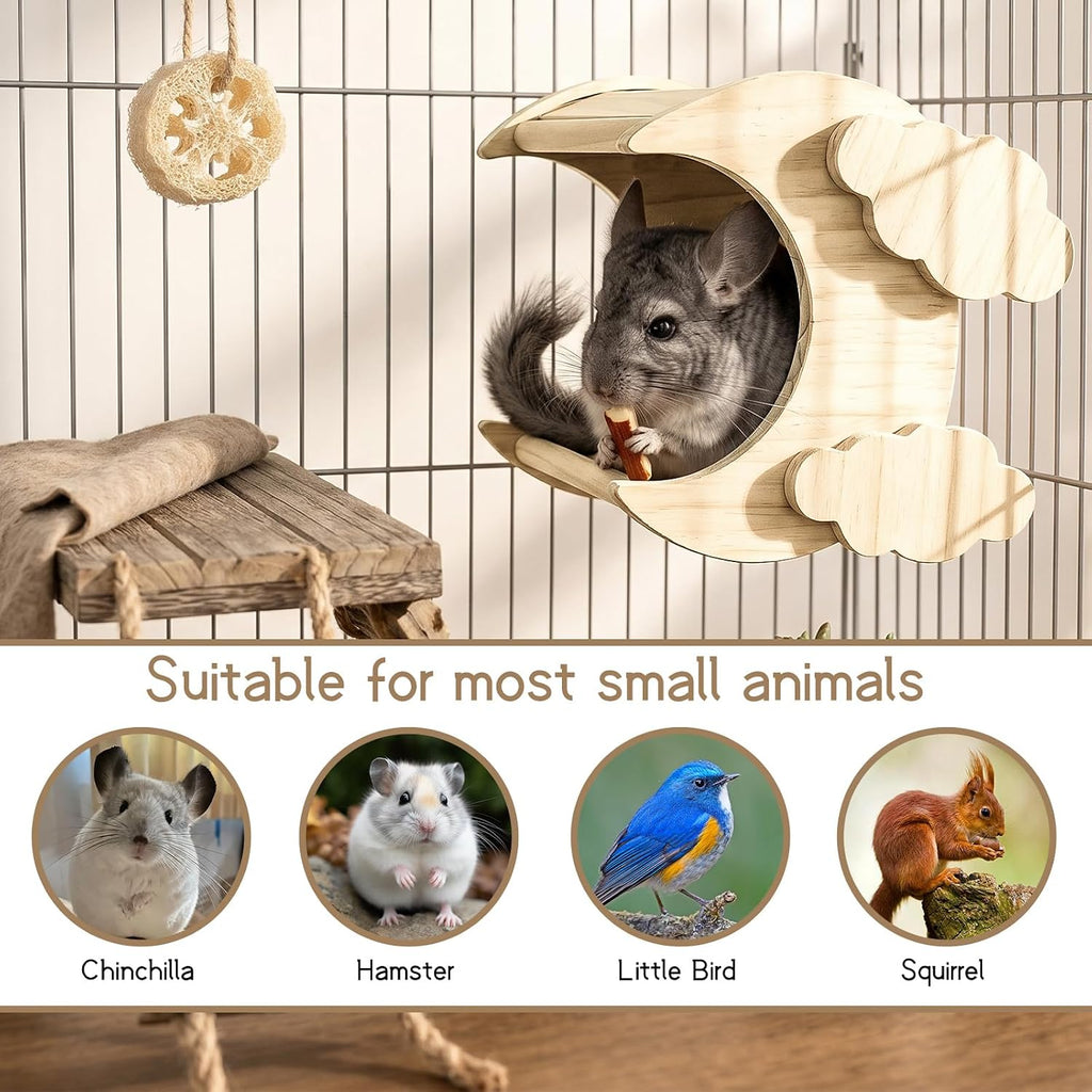 Moon Shaped Pine Wood Chinchilla Hideout, Cage Accessories for Hamsters