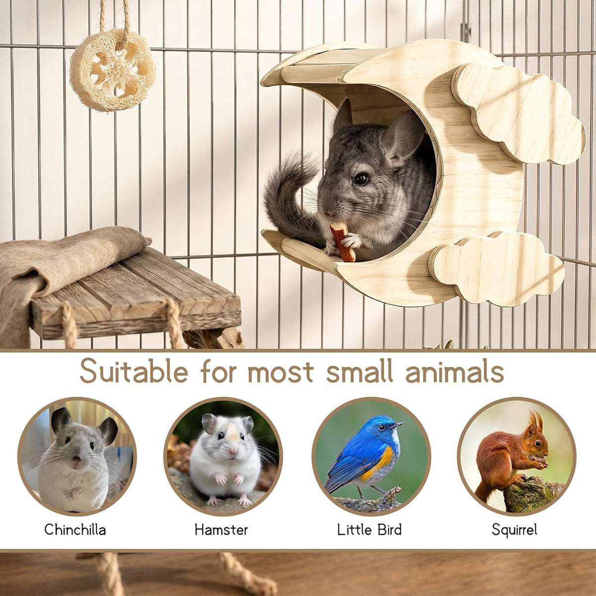 Moon Shaped Pine Wood Chinchilla Hideout, Cage Accessories for Hamsters