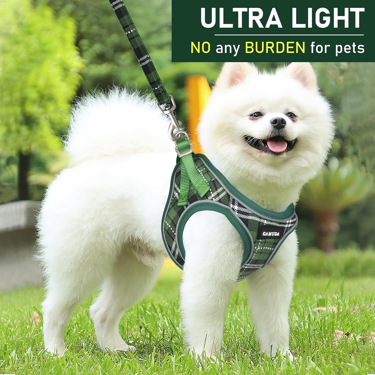 GAMUDA Small Pet Harness Collar and Leash Set, Step in No Chock No Pull Soft Mesh Adjustable Dog Vest Harnesses Plaid Reflective for Dogs Puppy Cats Kitten Rabbit (Green, L)