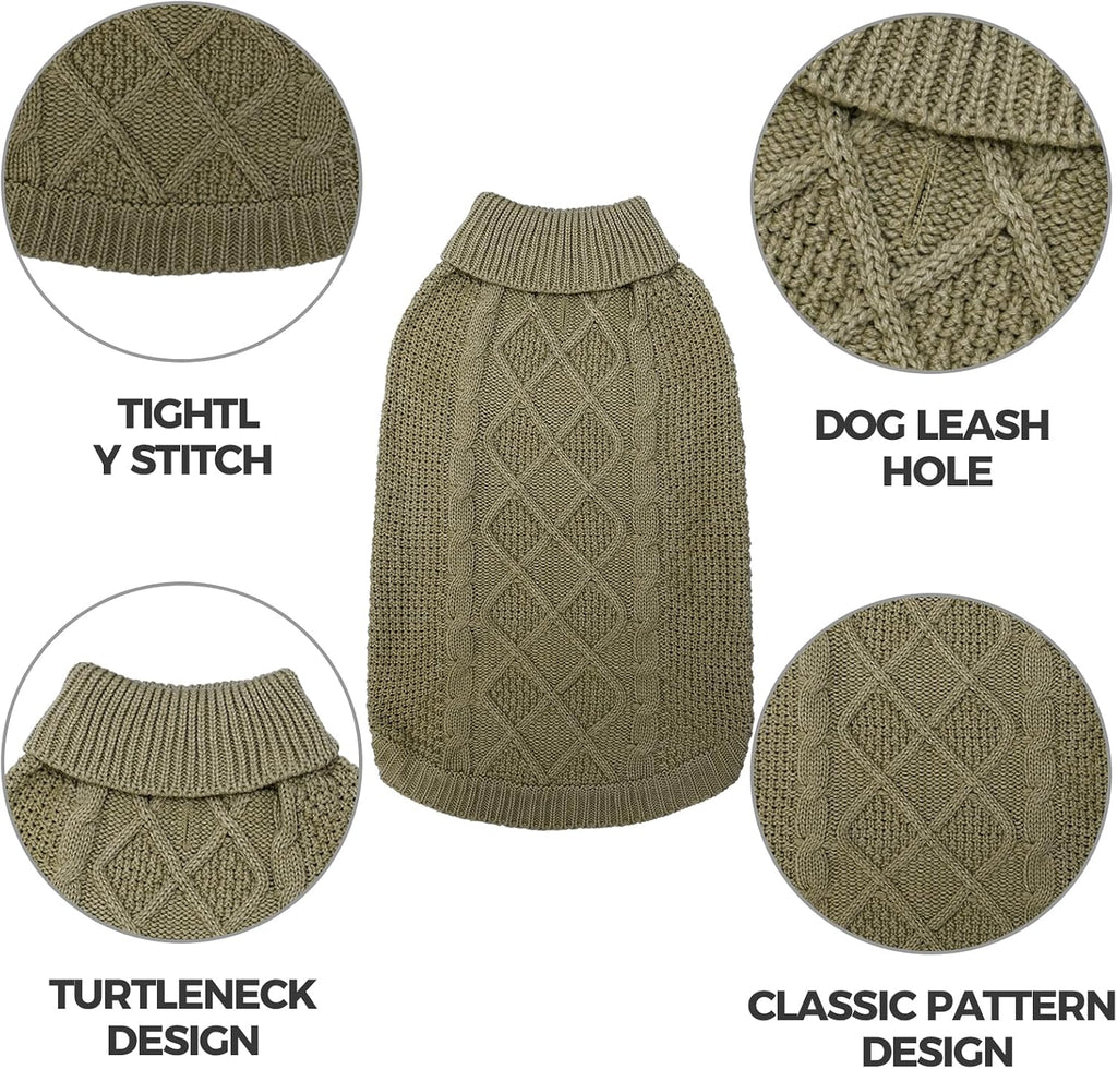 Mihachi Turtleneck Dog Sweater - Winter Coat Apparel Classic Cable Knit Clothes with Leash Hole for Cold Weather, Ideal Gift for Pet in New Year Army Green New L