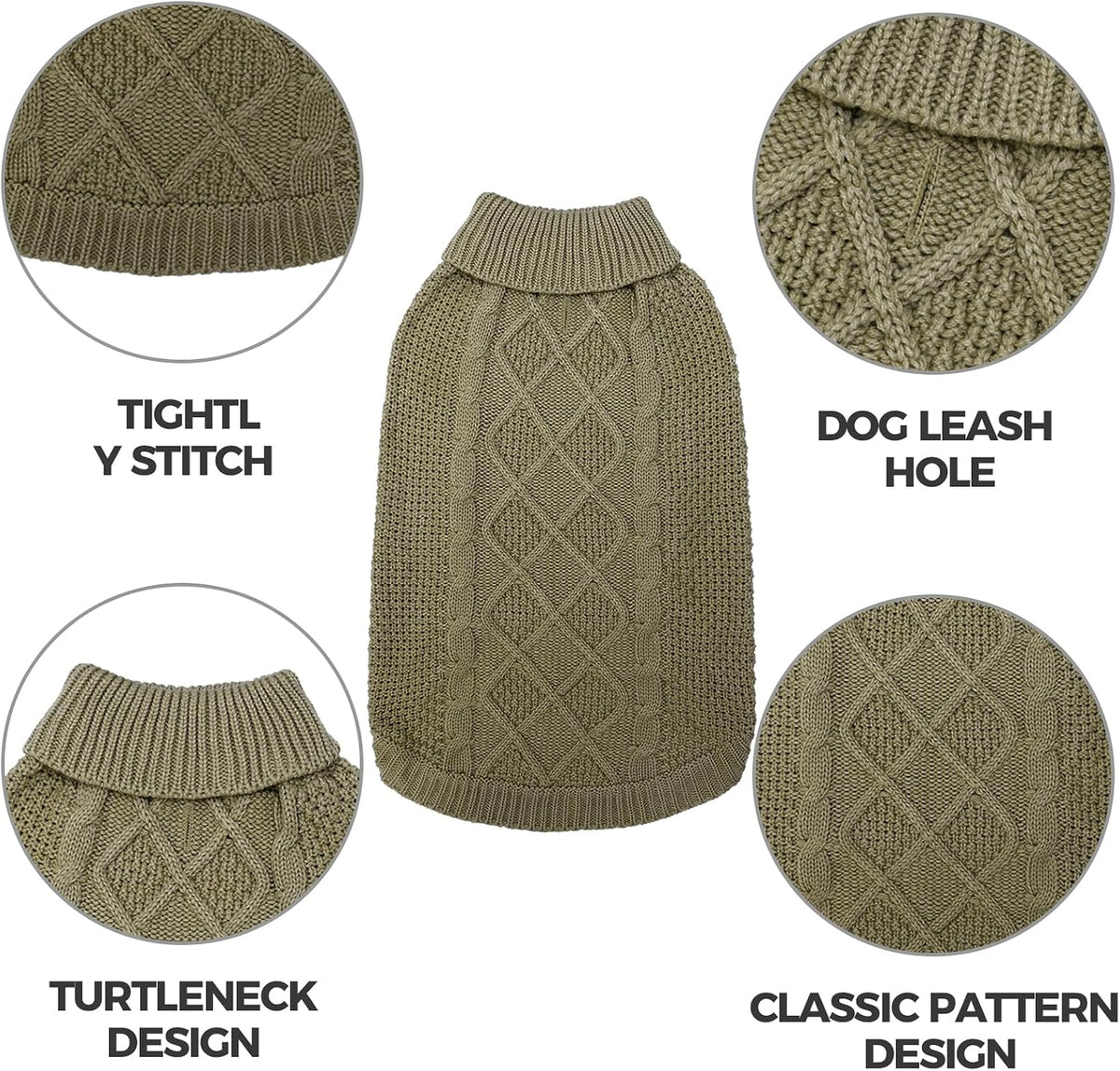 Mihachi Turtleneck Dog Sweater - Winter Coat Apparel Classic Cable Knit Clothes with Leash Hole for Cold Weather, Ideal Gift for Pet in New Year Army Green New L