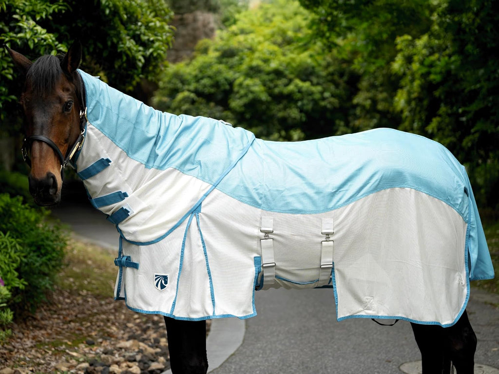 Mesh Horse Fly Sheet with Detachable Neck Cover | Dual-Zone UV Protection & Breathable Design | Elastic Webbing Belly Wrap & Leg Straps | Blue, 75 Inch