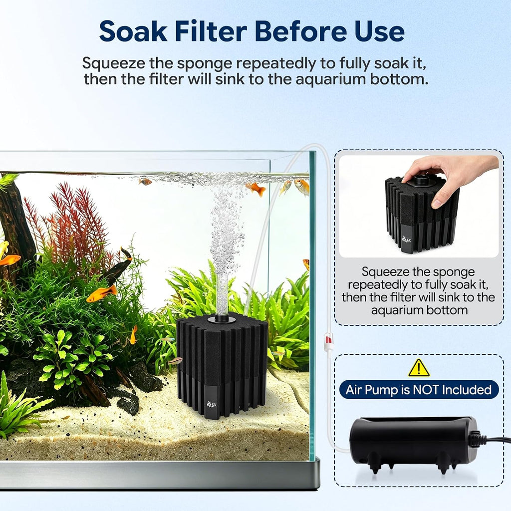 AQQA Aquarium Sponge Filter with Quartz Bio Media, Whisper Quiet Air-Driven