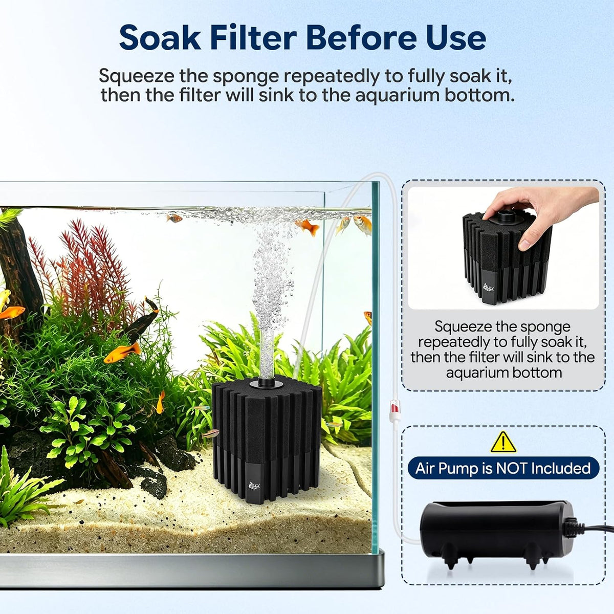 AQQA Aquarium Sponge Filter with Quartz Bio Media, Whisper Quiet Air-Driven