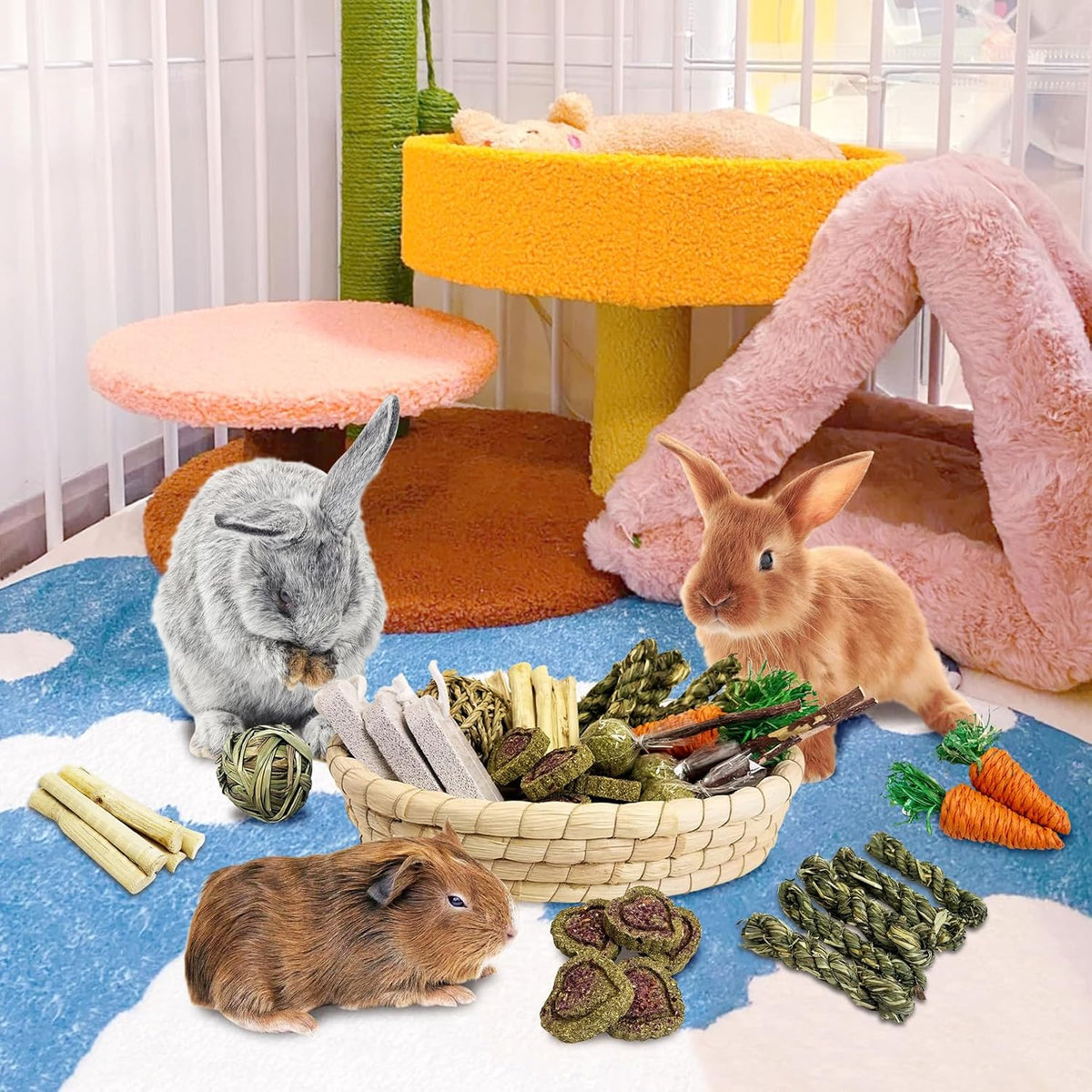 PINVNBY 30PCS Rabbit Chew Toys Set for Teeth Health Natural Bunny Enrichment for Bunnies Boredom Guinea Pig Treats Straw Basket Bunny Bed for Chinchilla Hamster Rat Gerbil