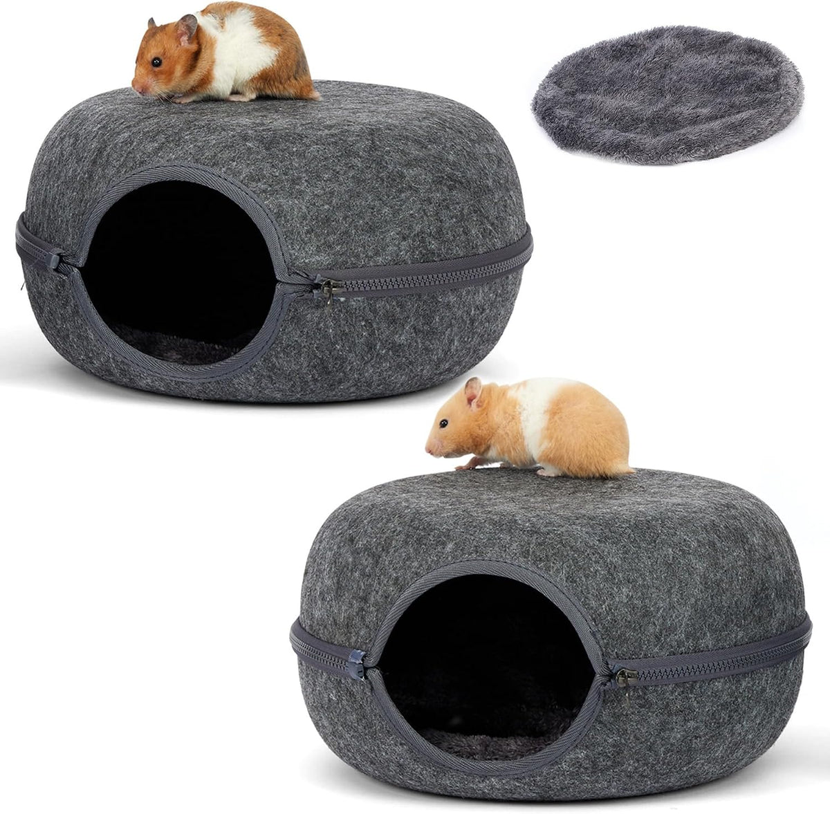 Guinea Pig Hideout 2 Pack, Double Function Guinea Pig Bed with 3 Soft Cushions, Small Animal Cage Accessories for Guinea Pigs, Hamsters, Hedgehogs, and Ferrets (Light Grey & Light Grey)