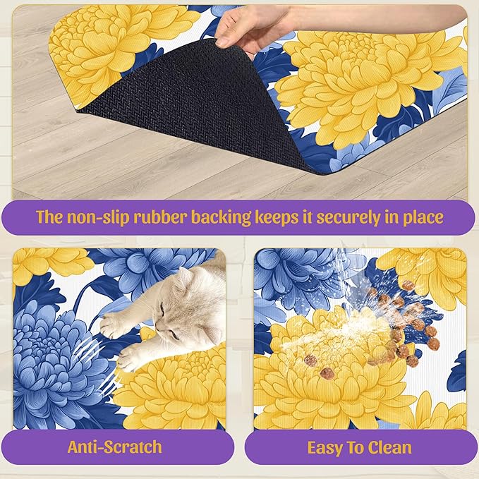 Blue Yellow Flowers Pet Feeding Mat, Quick Dry Absorbent Water Bowl Mat - Image 6