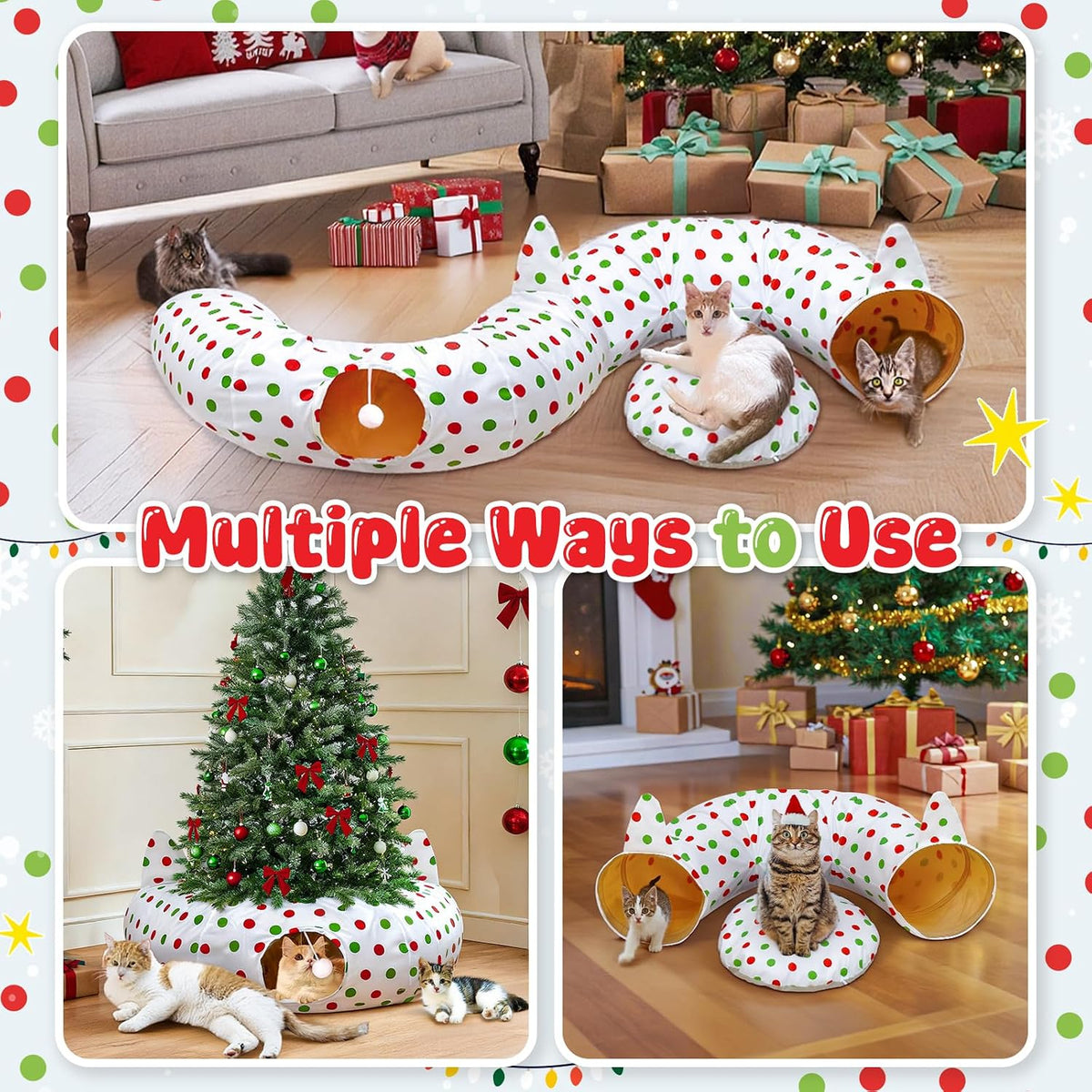 Cat Tunnels for Indoor Cats 35.4'', Circle Polka Dots Christmas Tree Skirt