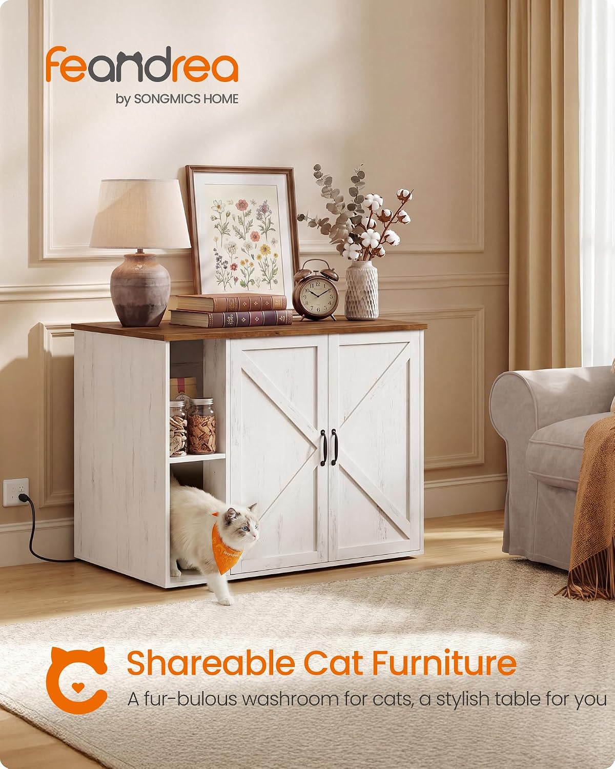 Feandrea Cat Litter Box Enclosure, Hidden Cat Washroom with Power Outlet