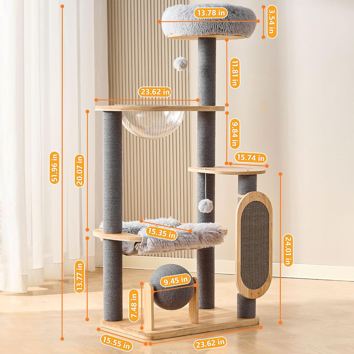 Solid Wood Cat Tree Tower with Scratching Post, 52 Inches Tall Cat Towers with Scratching Board and Scratcher Ball, Modern Cat Tower with Space Capsule and Removable Top Bed for Indoor Cats