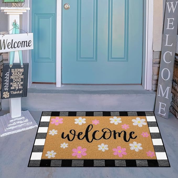 Tinideya 2 Pcs Spring Welcome Door Mat Outdoor Pink Flower Doormats - Image 6