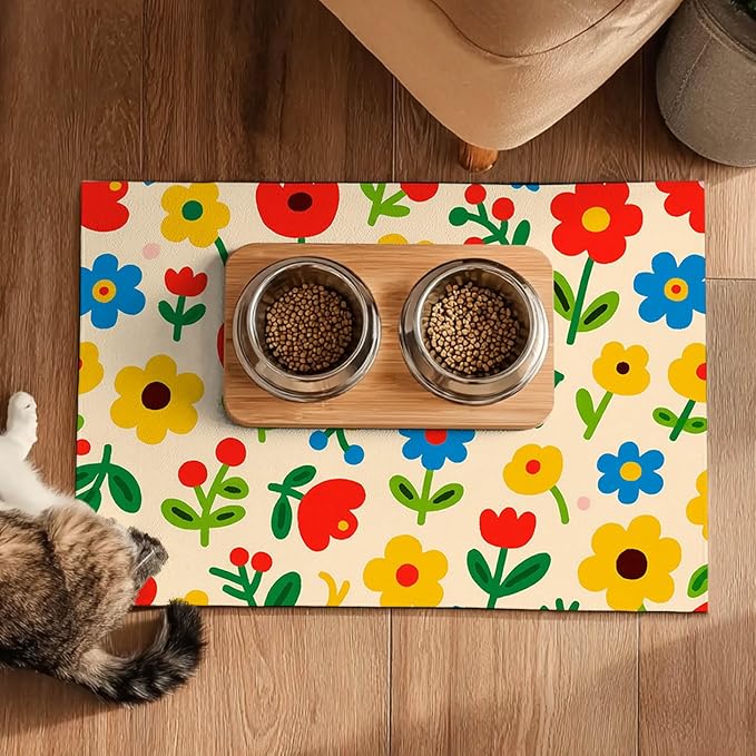 Pet Feeding Mat 24x16 inch Colorful Flower Print Pet Bowl Placemat Non Slip - Image 5