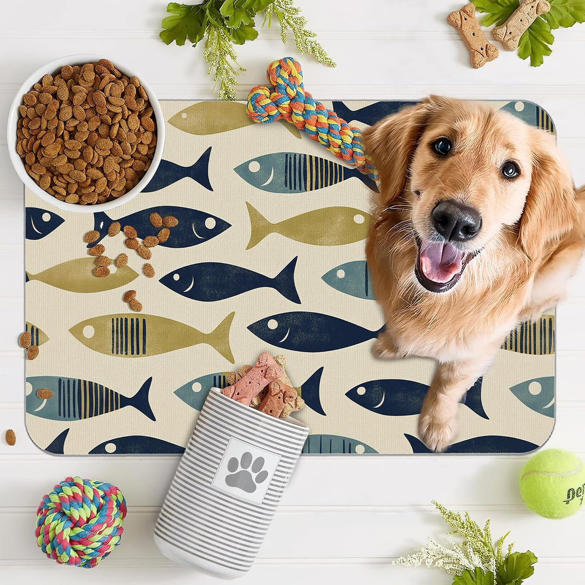 Fish Boho Dog Food Mat for Floors,Ocean Absorbent Quick-Dry Pet Feeding Mat,Cat Dog Bowl Mats for Food and Water,Non-Slip Pet Accessories Supplies 12"x20"