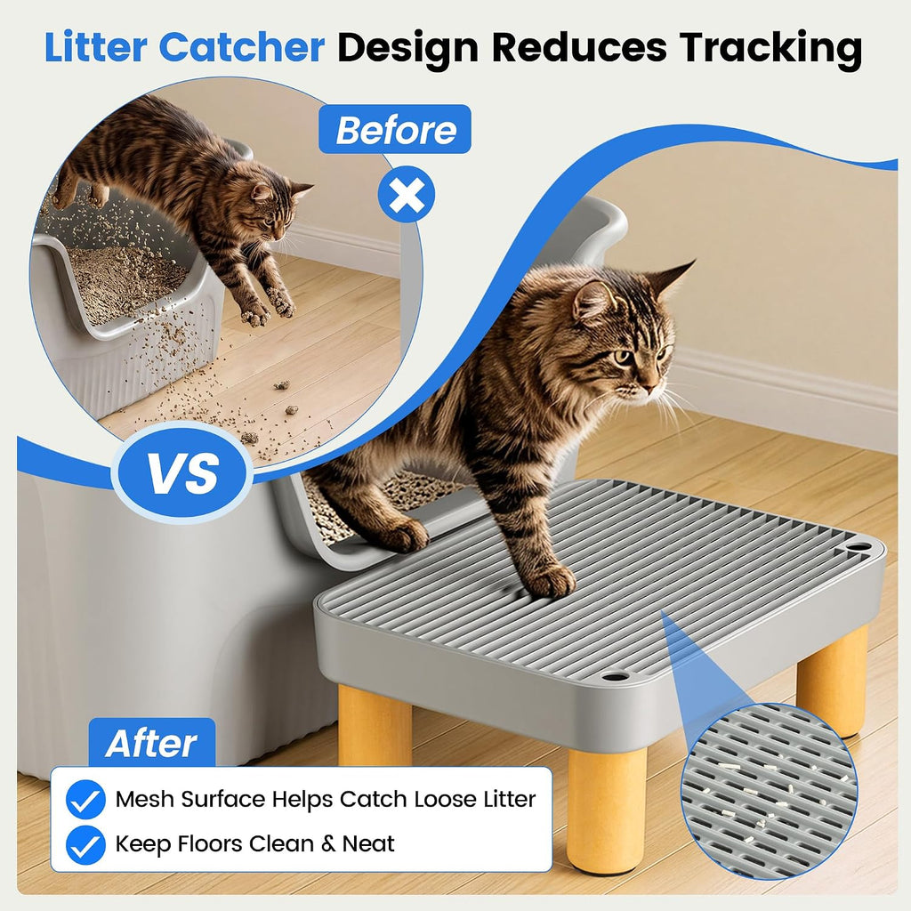 Large Litter Box Step for Big Cats, 15.8" x 11.8" x 5.9" Litter Box Ramp/Catcher with Wooden Base, Anti-Tracking Litter Catcher, Easy to Clean, for Large and Automatic Litter Boxes, Gray