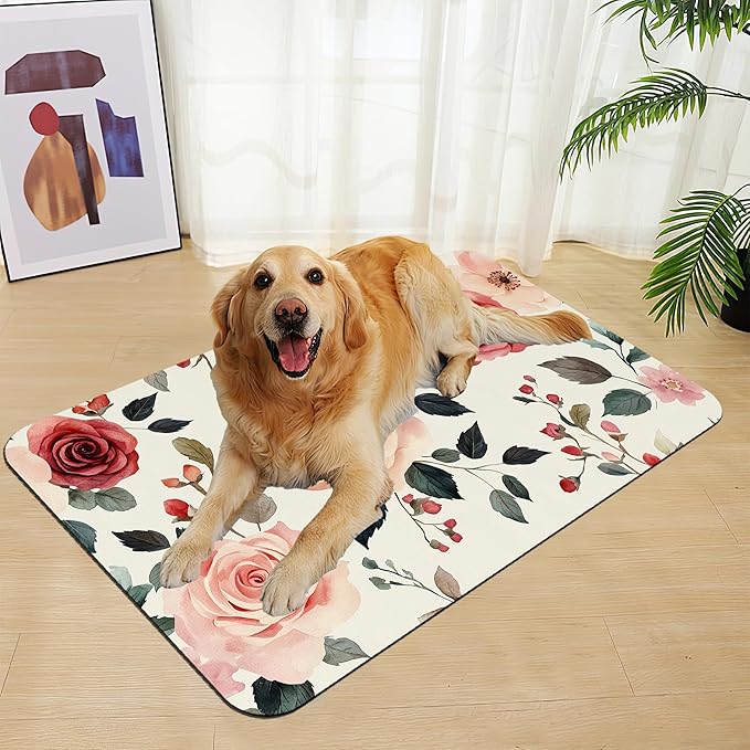 Pink Flower Leaf Pet Feeding Mat–Christmas Stocking Quick Dry Absorbent Dog Cat - Image 7