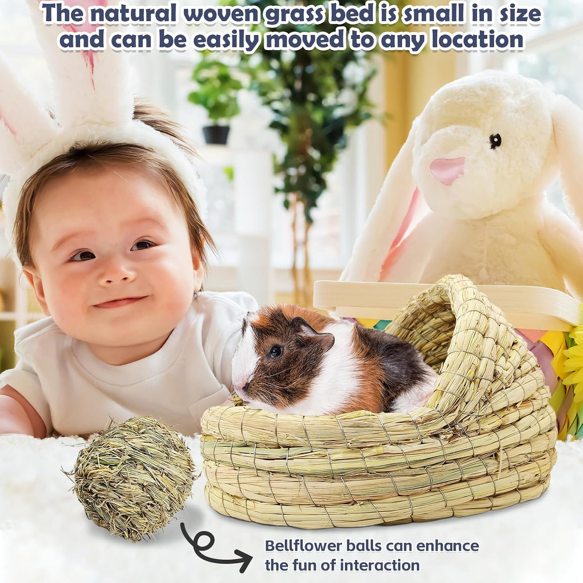 kathson Guinea Pig Grass House Guinea Pig Hideout Bunny Woven Hay Bed Hand Woven Natural Grass House for Hamster Bunny and Small Animals with Hay Chew Balls Toys(Small)