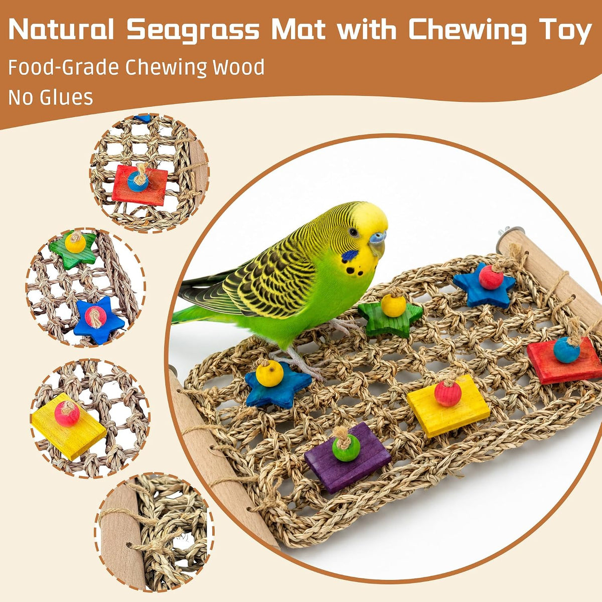 FlidRunest Conure Ladder Perch with Colorful Wood Chew Block | Natural Parrot Seagrass Foraging Mat, Bridge Stands Climbing Hammock Chewing Activity Toy for Parakeets, Lovebird