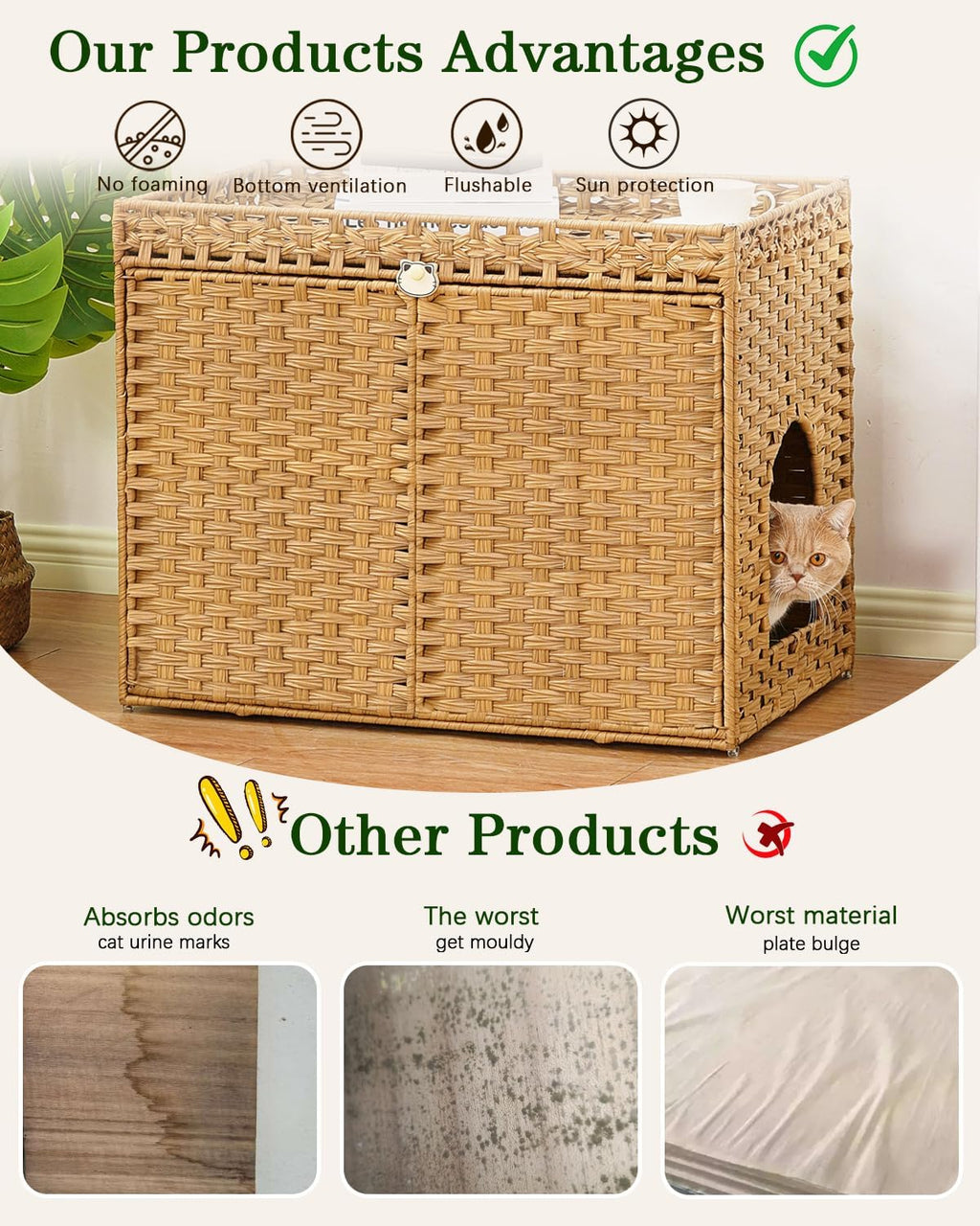 SETVSON Cat Litter Box Enclosure, Extra Large Hidden PE Rattan Natural