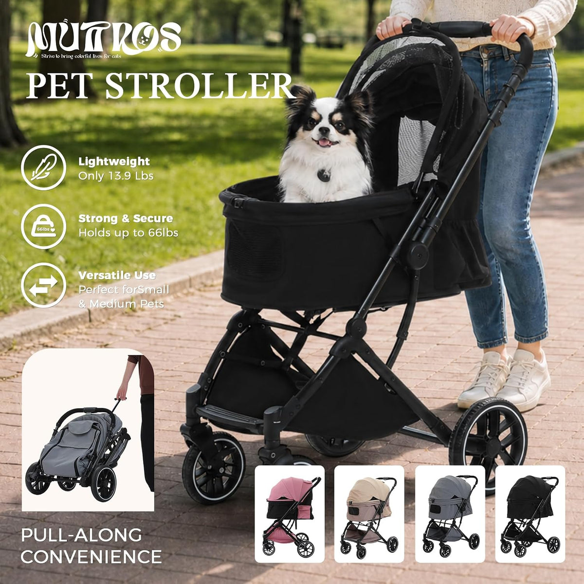 MUTTROS Pet Stroller for Dogs & Cats, 66lbs, Black