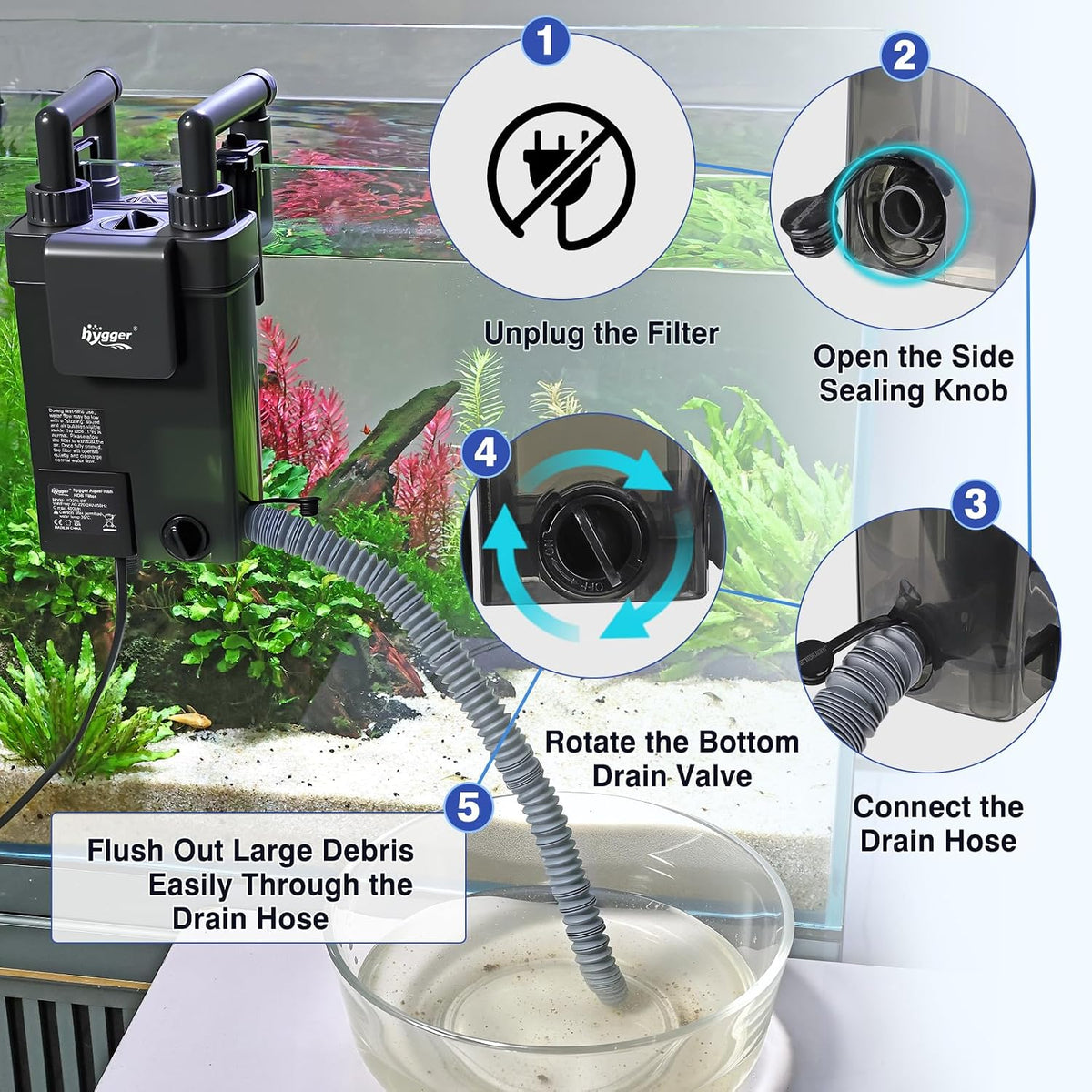 hygger Hang-On-Back Aquarium Filter with Debris Collection Chamber,Ultra Quiet Multi-Stage Filtration System Fish Tank Filter, Surface Skimmer, Adjustable Flow,Duckbill Nozzle & Rainfall Spray Bar
