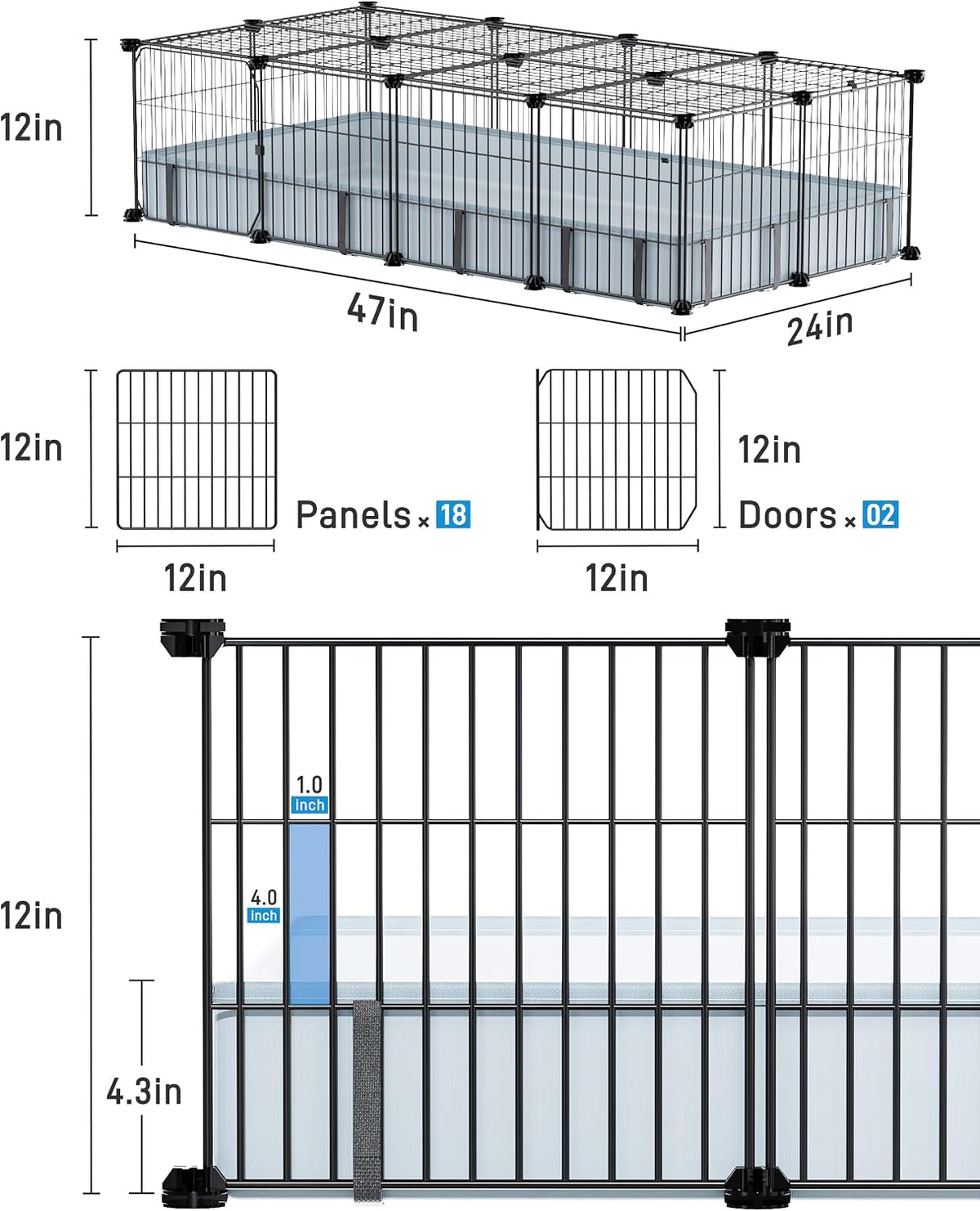 Guinea Pig Cages for 2 with Floor Mat, 20 Panels Guinea Pigs Playpen 47"