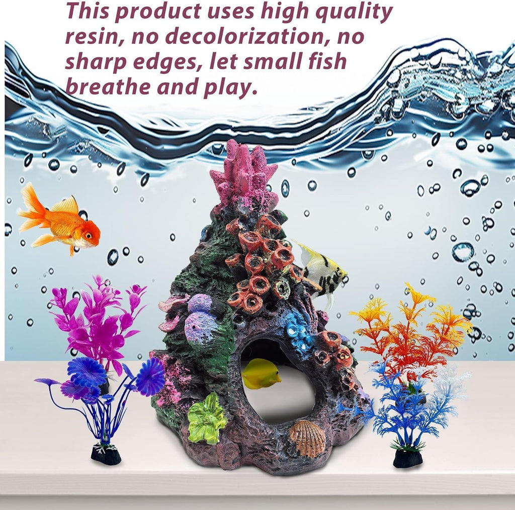 Coral Small Fish Tank Decorations with 4PCS Artificial Aquarium Plants