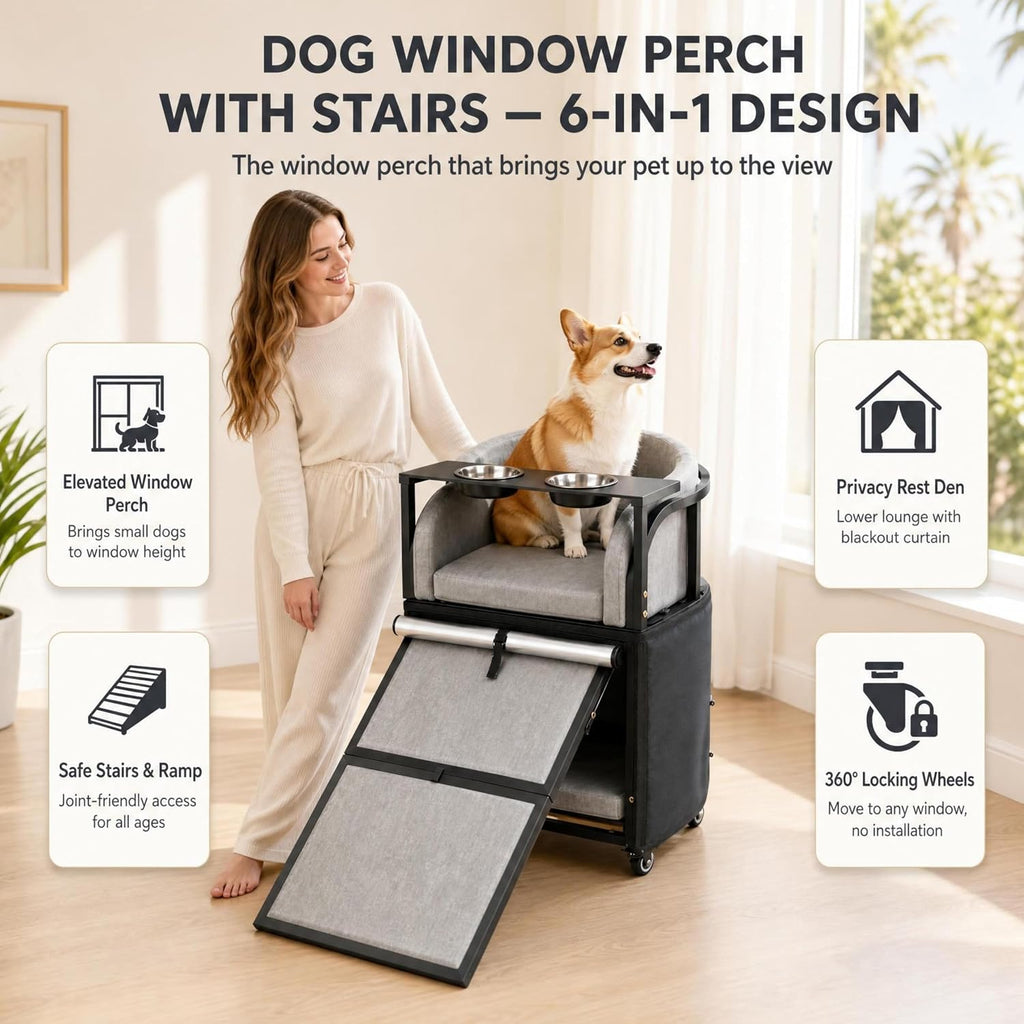 Dog Window Perch with Stairs – 6-in-1 Velvet Pet Sofa with Ramp, Detachable Feeding Tray, Privacy Blackout Curtain, 360° Locking Wheels & Memory Foam Cushion for Small Dogs and Cats.
