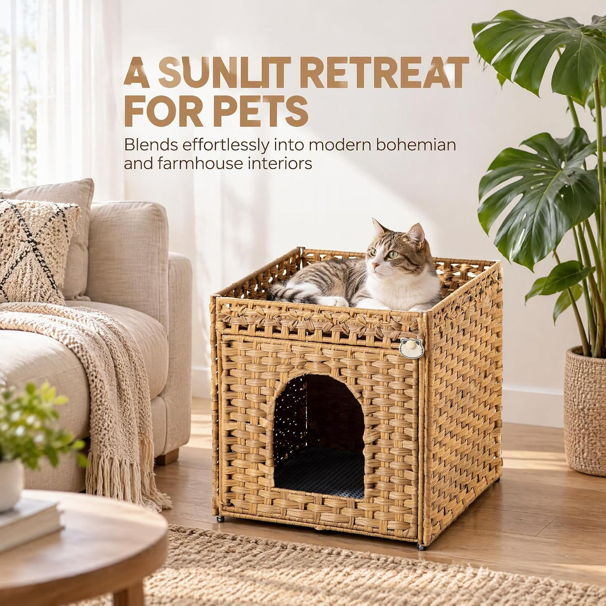 Cat Litter Box Enclosure, Extra Large Hidden PE Rattan Natural,Spacious Double Door PE Rattan Cat Washroom Bench, Side Table Look, Metal Frame