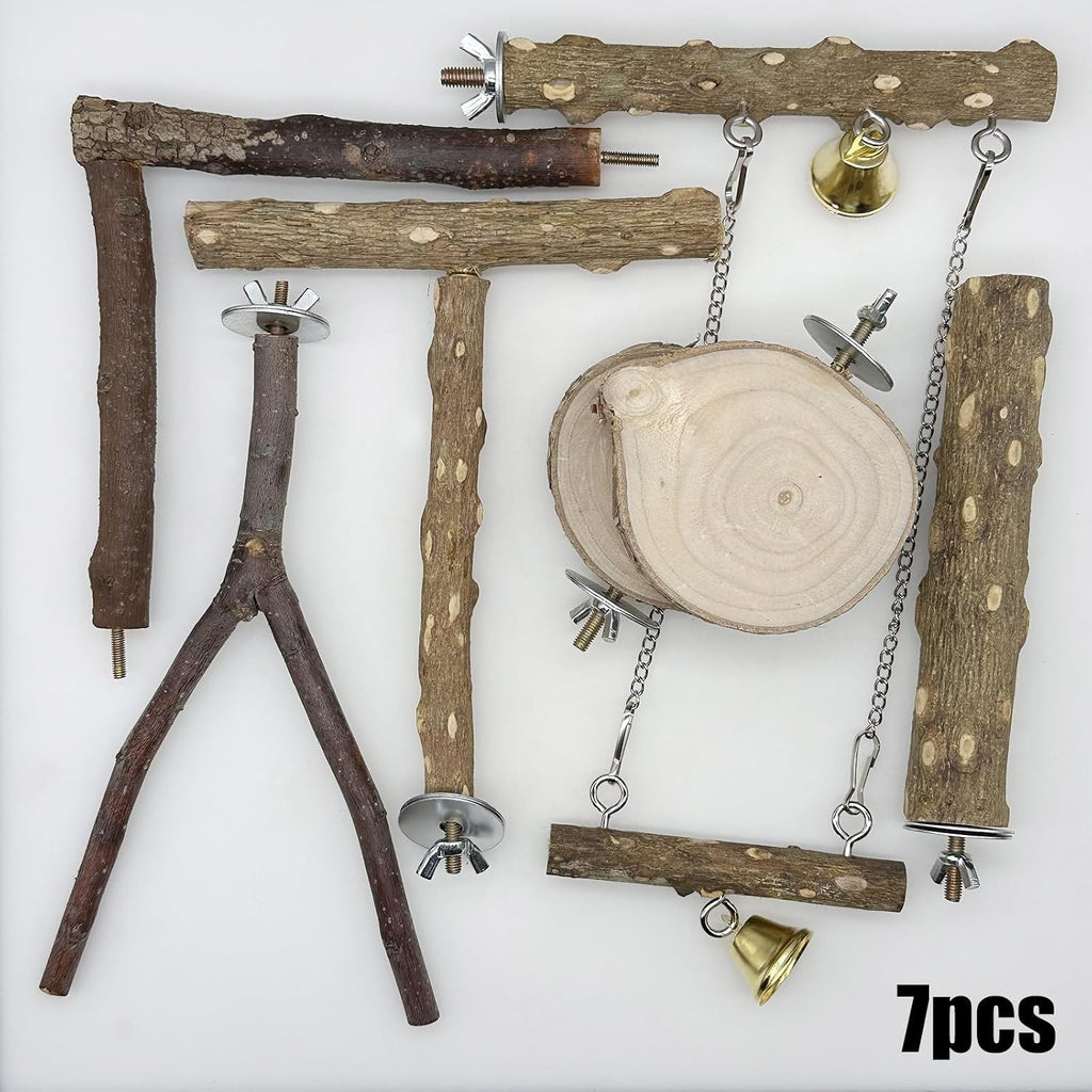 7 PCS Natural Wooden Perch Bird Stand Parrot Perch Stand Bird Climbing Standing Branches Toy for Small Lovebirds Budgies Cockatiels