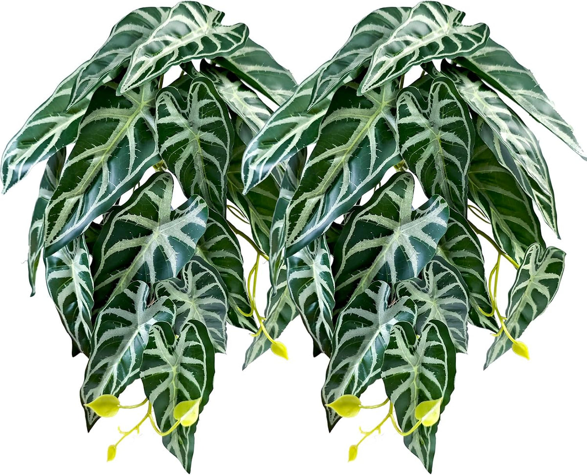 Woyrise 2 Pack Reptile Plants, Terrarium Hanging Plant Vines, Artificial Leaves with Suction Cup, Bearded Dragon Tank Accessories for Gecko Lizard Snake Frog Tortoise Decorations - Codiaeum Variegatum