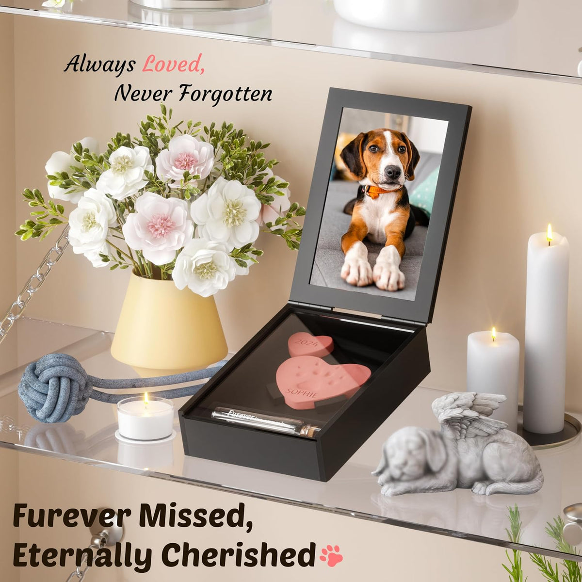 Grarry Pet Memorial Shadow Box with Paw Print Impression Kit Keepsake, 4”X6” Dog Cat Picture Frame, DIY Pawprint Ornament Gift, Acrylic Loss of Dogs Sympathy Gifts with Hair Bottle for Pets Lover