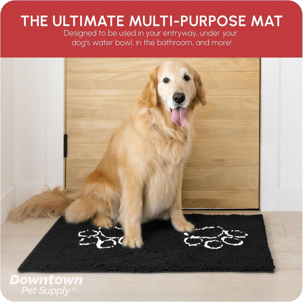 Microfiber Dog Mat for Muddy Paws, 36" x 26" Black with Paw Print - Absorbent and Quick-Drying Dog Paw Cleaning Mat, Washer and Dryer Safe - Non-Slip Rubber Backed Pet Mat, Large