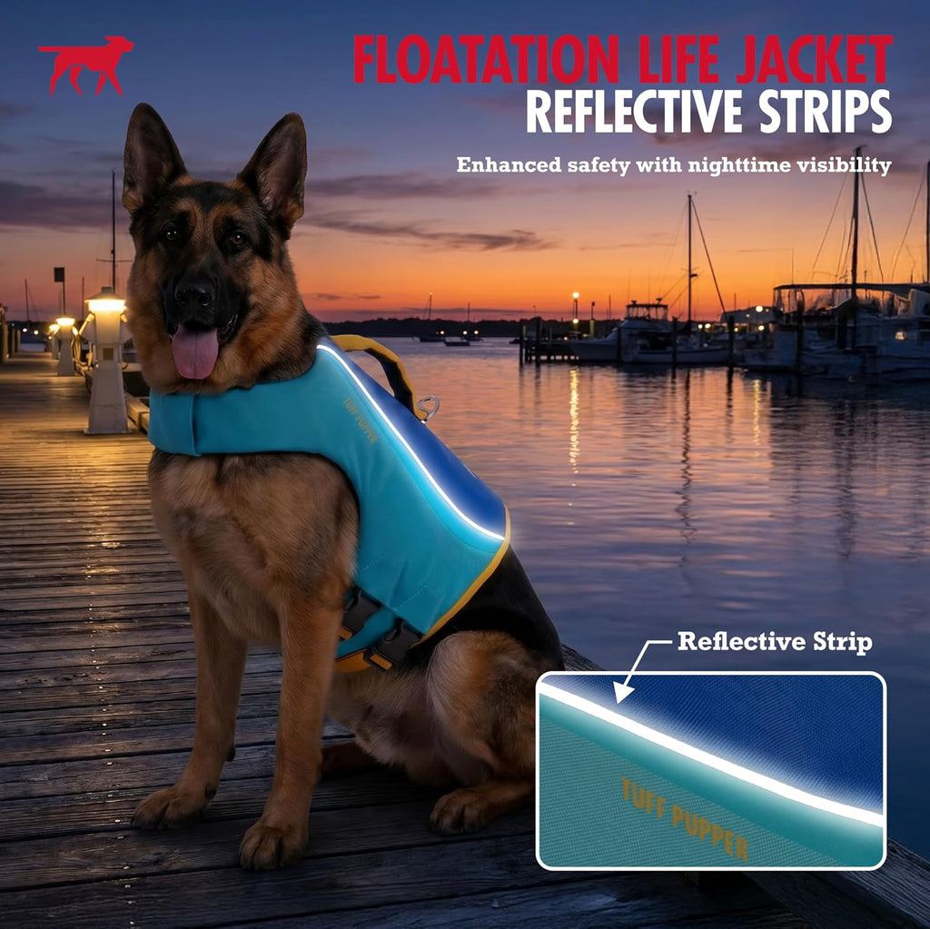 Tuff Pupper Dog Life Jacket | High Buoyancy Dog Swim Vest with Rescue Handle | Adjustable Secure Fit | Reflective Safety Trim | Pet Flotation Jacket for Swimming Boating Kayaking (Blue/Yellow, XXS)