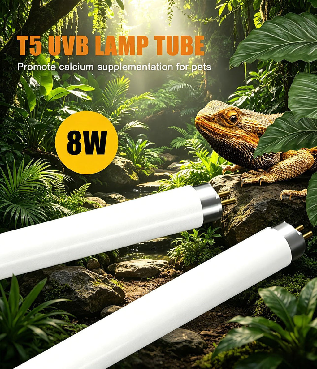 3 Pack 12in T5 High Output 8W 5.0 UVA UVB Reptile Lamp Tube Triple Pack Full Spectrum Sun Light Bulb for Various Reptiles & Amphibians