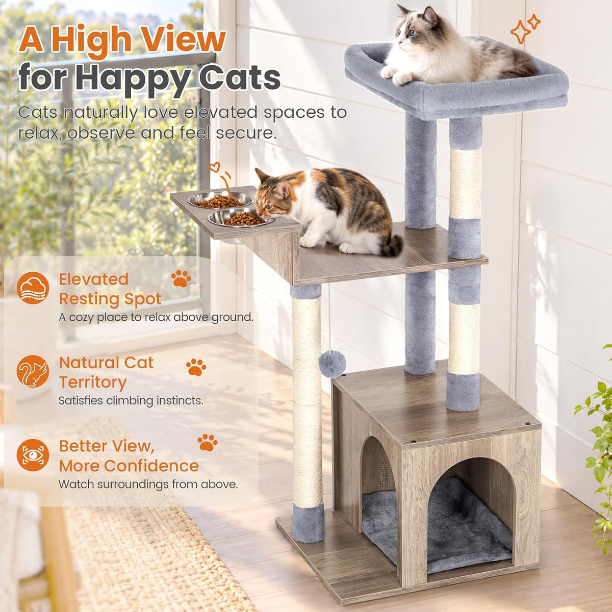 Snughome Small Cat Tree Tower for Indoor Cats, 37.4’’ Cat Tree with Feeding Station & Sisal Scratching Post for Kittens, 3-in-1 Activity Cat Tower with Cat Condo, Hanging Ball for Play Rest, Grey