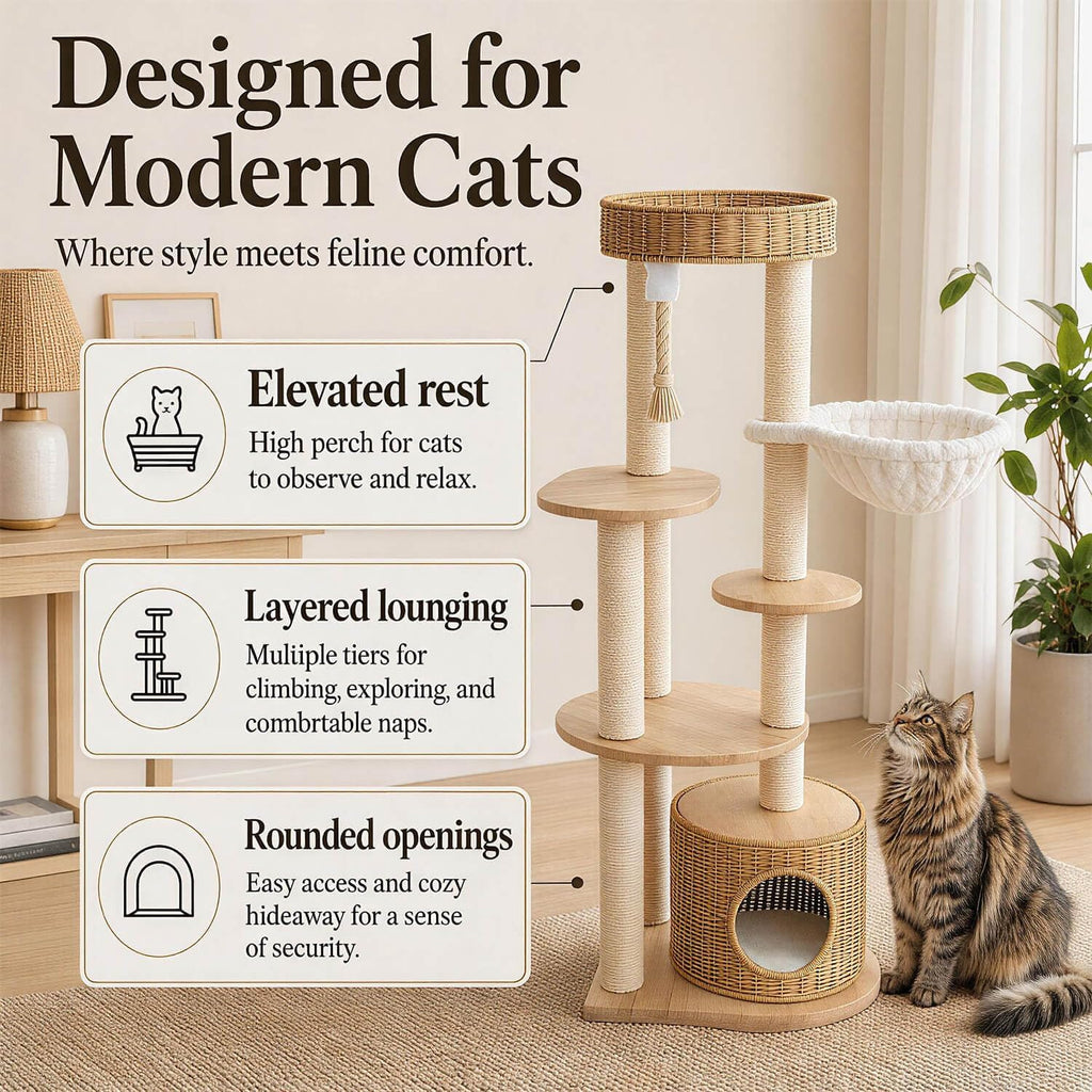 53'' Solid Wooden Cat Tree for Indoor Cats，Modern Large Cat Tower