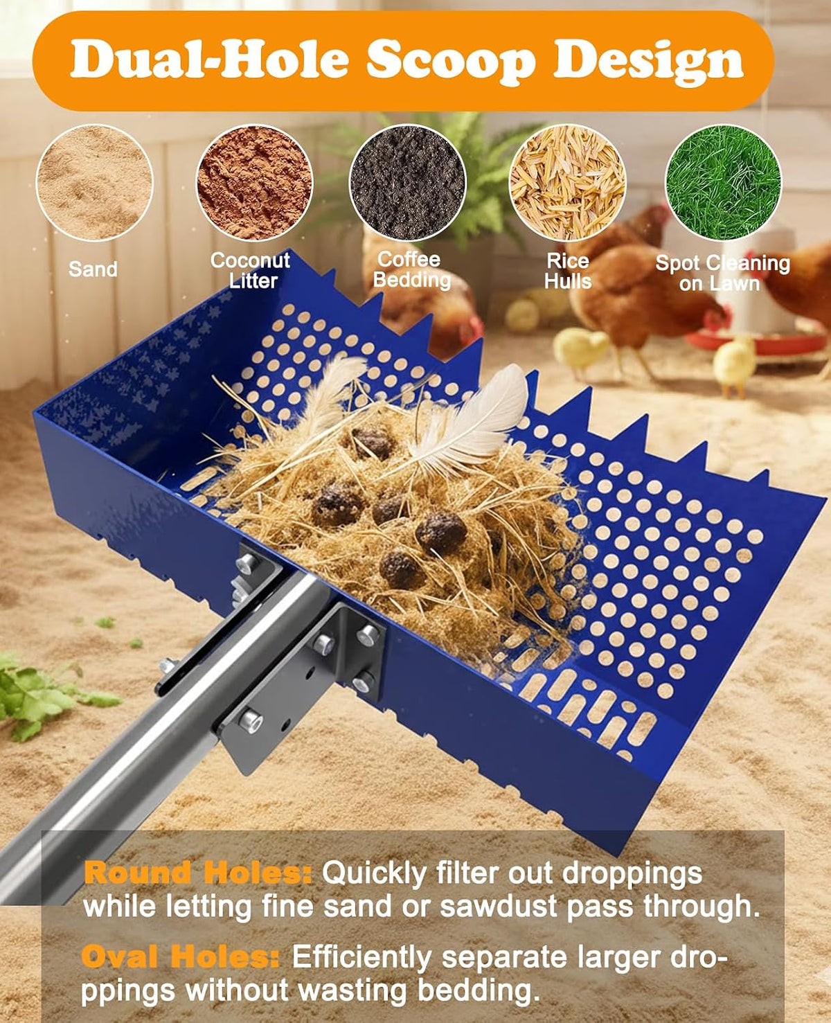 INNOLAND Chicken Poop Scooper & Rake with 3-Angle Adjustable Sifting Shovel
