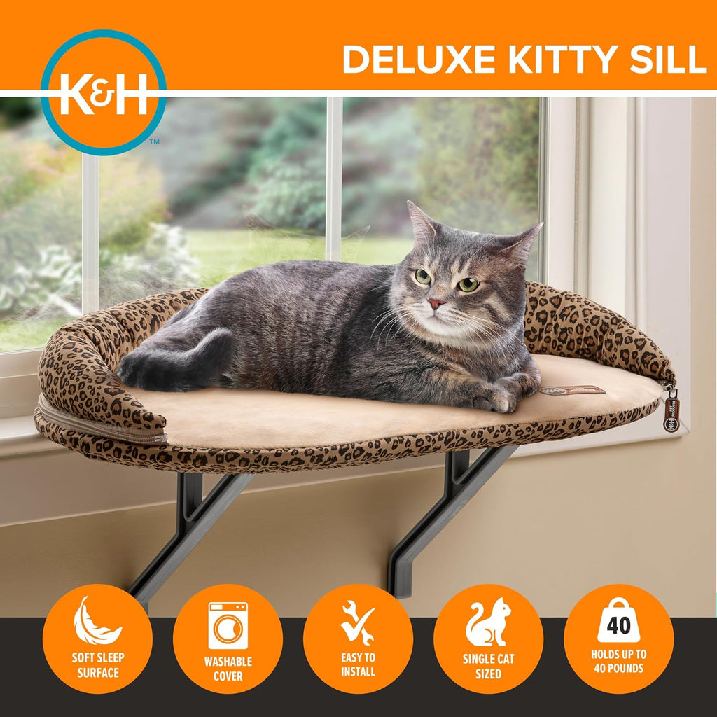 K&H PET PRODUCTS Deluxe Kitty Sill with Removable Bolster Tan/Leopard Print 14 X 24 Inches