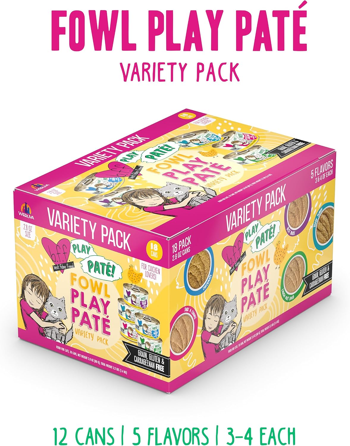 Weruva B.F.F. Play - Best Feline Friend Paté Lovers, Aw Yeah!, Fowl Play Yellow Patés Variety Pack, 2.8oz Can (Pack of 18)