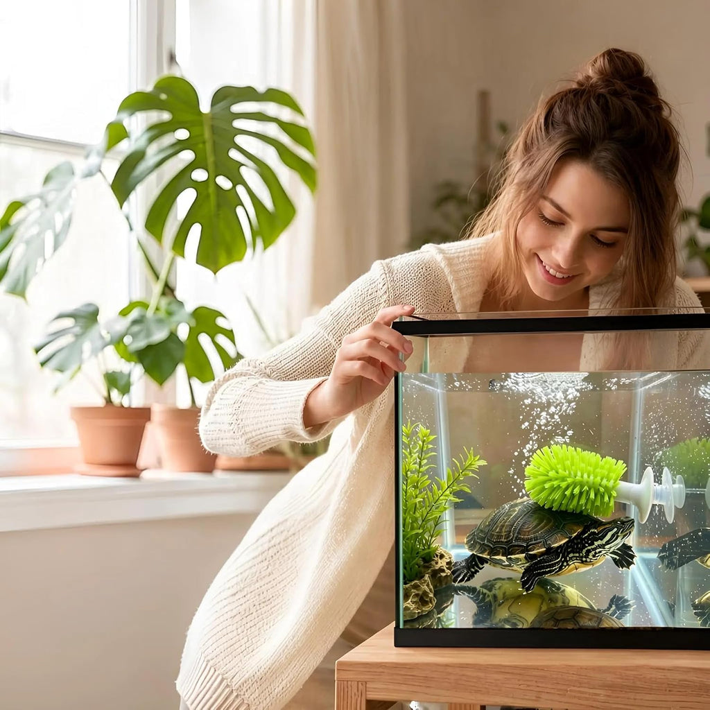 8 PCS Turtle Tank Accessories Set Turtle Brush with Suction Cup, Handle Scrub Brush, Feeder Ball,Floating Lotus Leaves,Feeding Ring