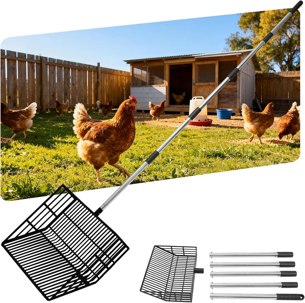 EXPAWLORER Large Chicken Poop Scooper, Adjustable Pet Coop Rake with Stainless Steel Long Handle, Heavy Duty Litter Sifting Sand Sifter Shovel Cleaning Tool Cat Chicken Coop Accessories (22"-68")