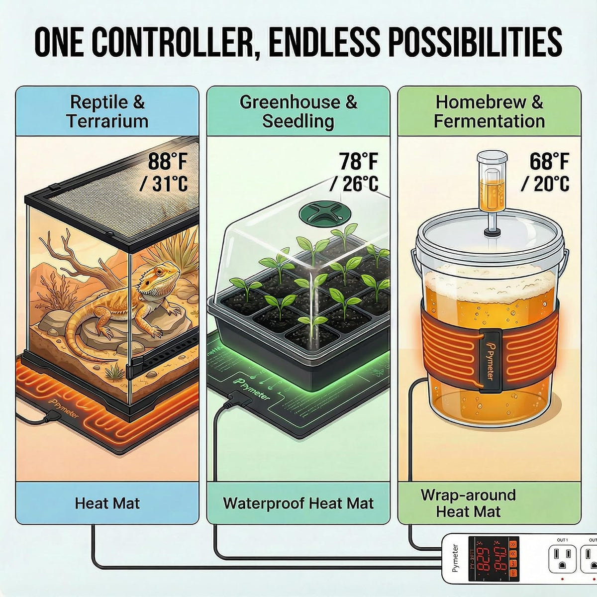 Digital Temperature Controller Dual Probe Reptile Thermostat Controlled Outlet for Terrarium Heat Mat Heating Pad, Switch Cooling Fan Freezer Fridge ON & Off at Setpoints 10A 1200W