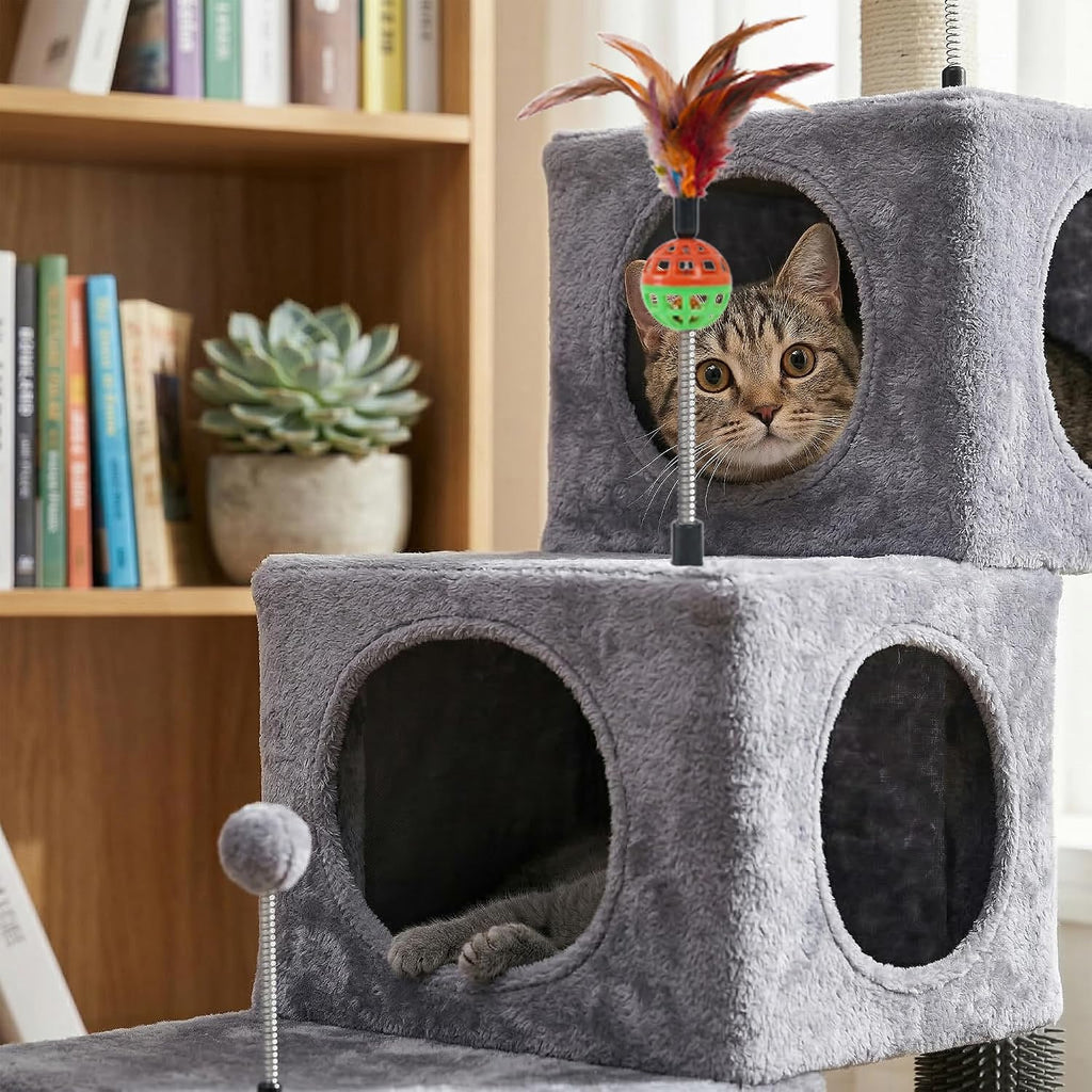 Cat Tree Tower for Indoor Cats 12lbs, Cat Tree with 3 Spacious Cat Houses & Condos, Full Sisal Scratching Posts and Cat Scratcher Toys，Grey