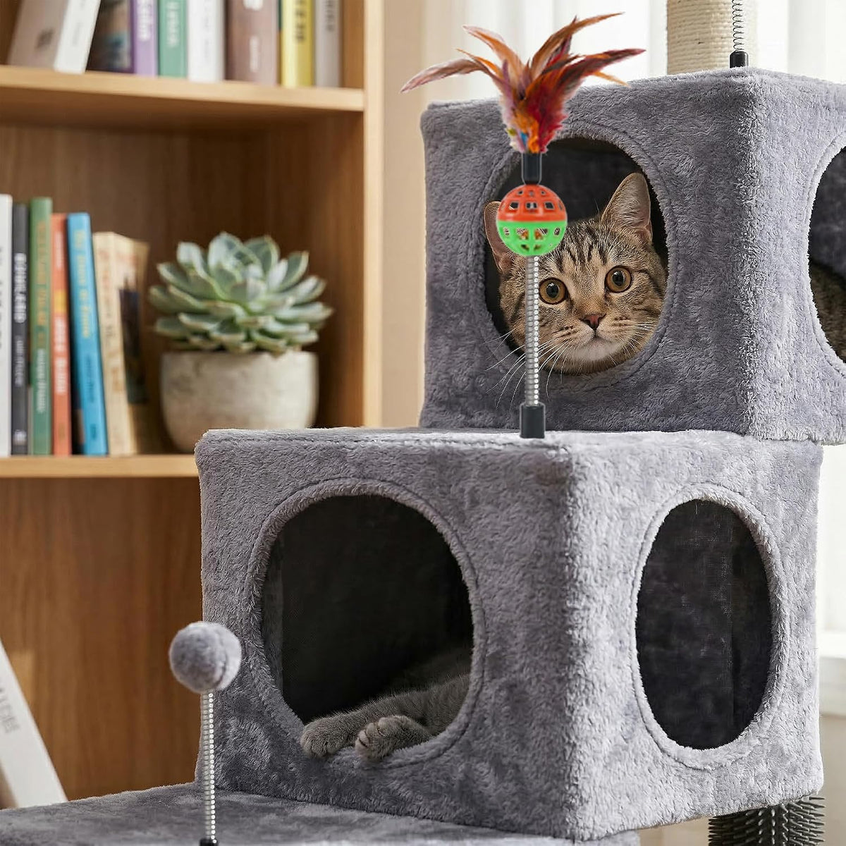 Cat Tree Tower for Indoor Cats 12lbs, Cat Tree with 3 Spacious Cat Houses & Condos, Full Sisal Scratching Posts and Cat Scratcher Toys，Grey